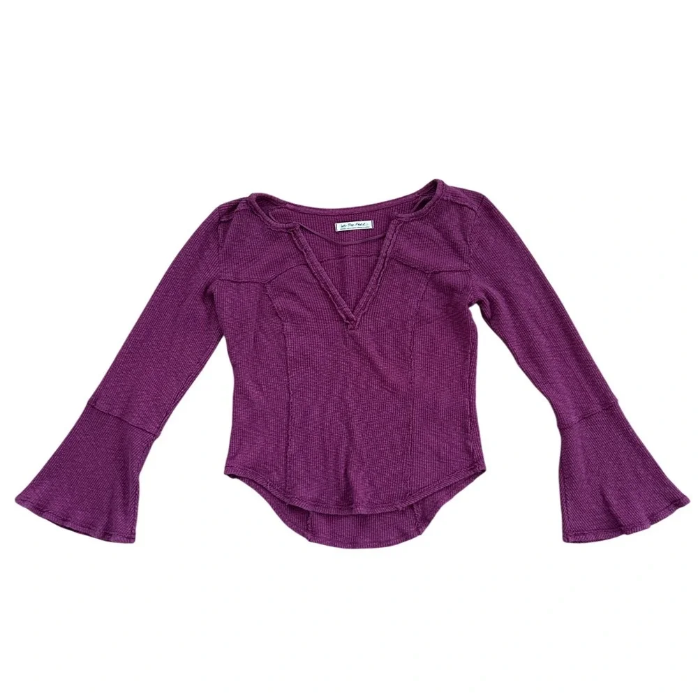 Free People Give Me A Little Bell Sleeve Rib T Shirt Fairytale Magenta Medium - Picture 2 of 7